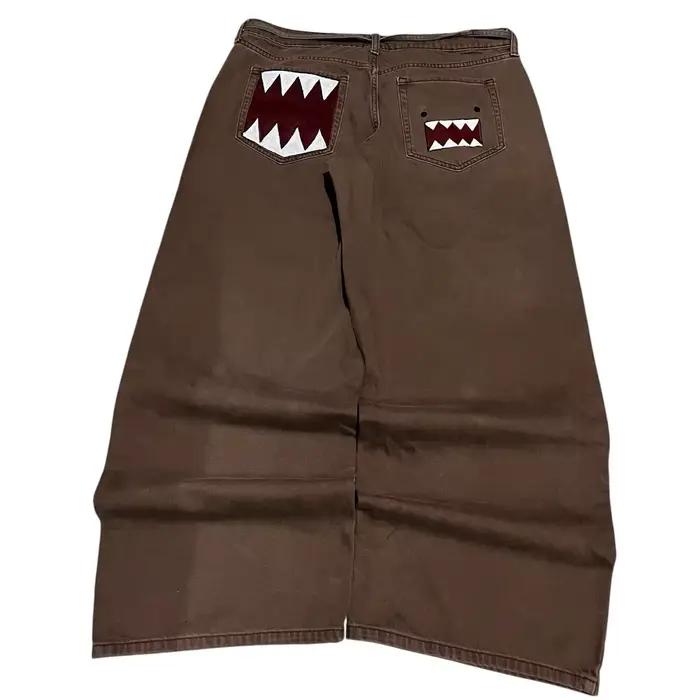 Jean long en denim taille haute Y2K tendance marron avec imprimé guitare Domo Kun
