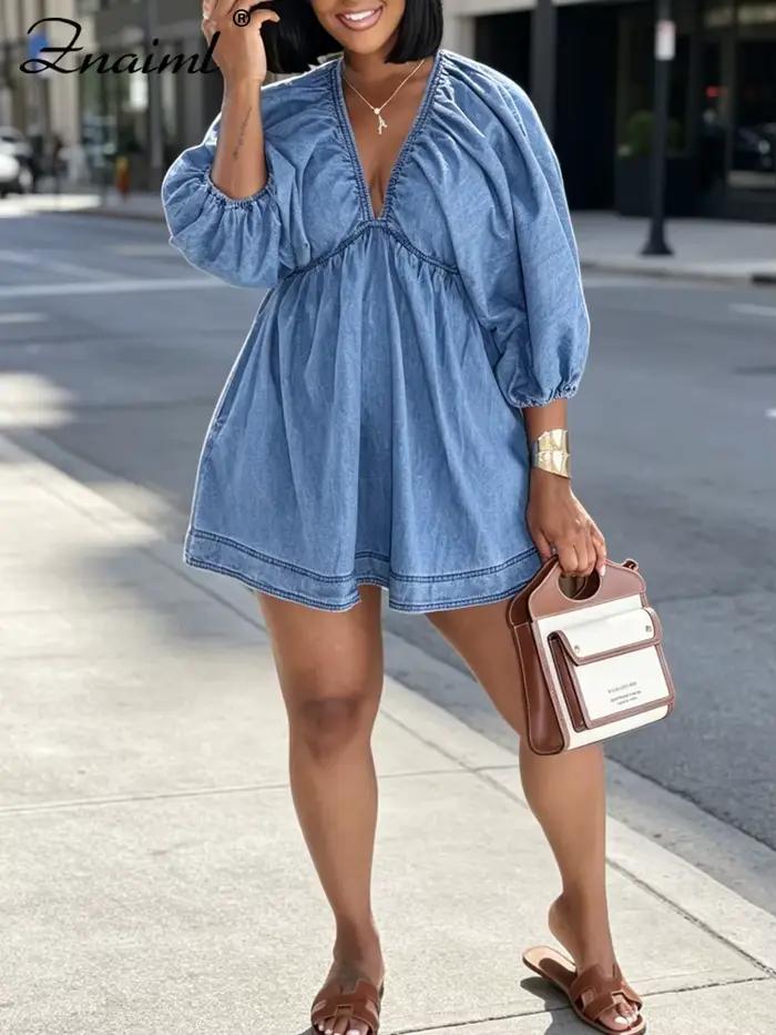 Robe en jean Znaiml bleu clair col en V manches bouffantes volants mini pour femmes style de rue printemps automne sortie décontractée plage vacances