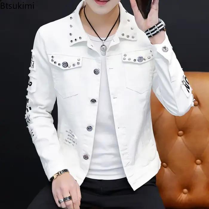 Veste en jean à rivets pour hommes, tendance personnalisée, trou cassé, haut en Patchwork, Streetwear, mode printemps-automne, manteau ajusté à manches longues