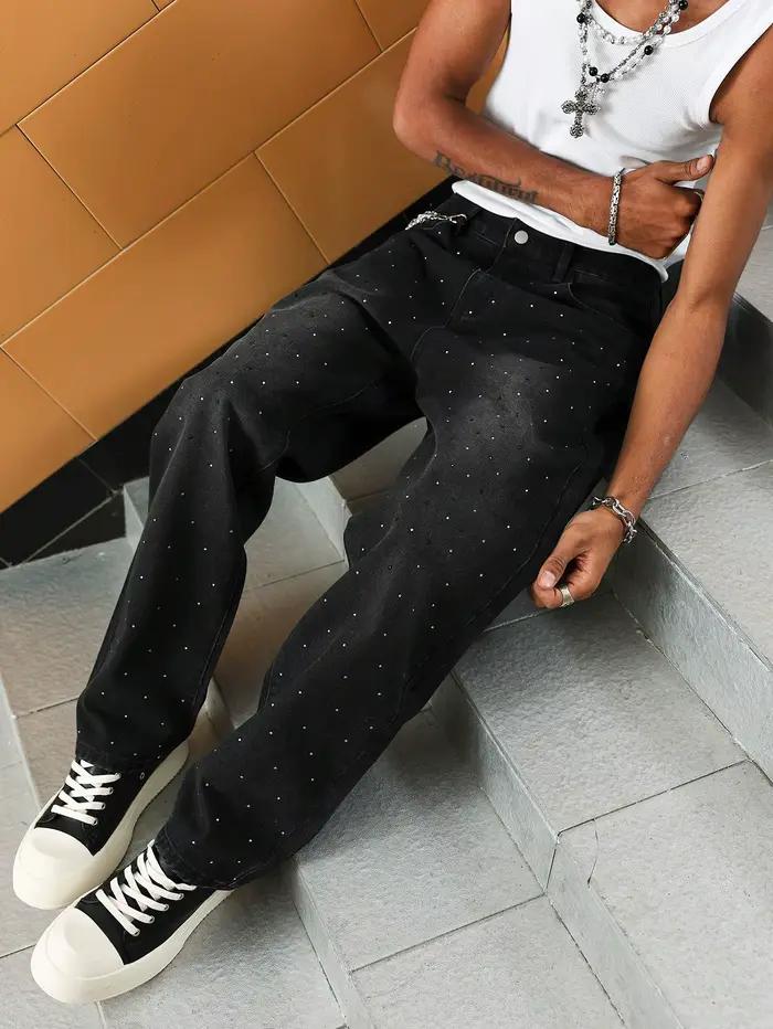 Pantalon large en denim noir pour homme avec strass