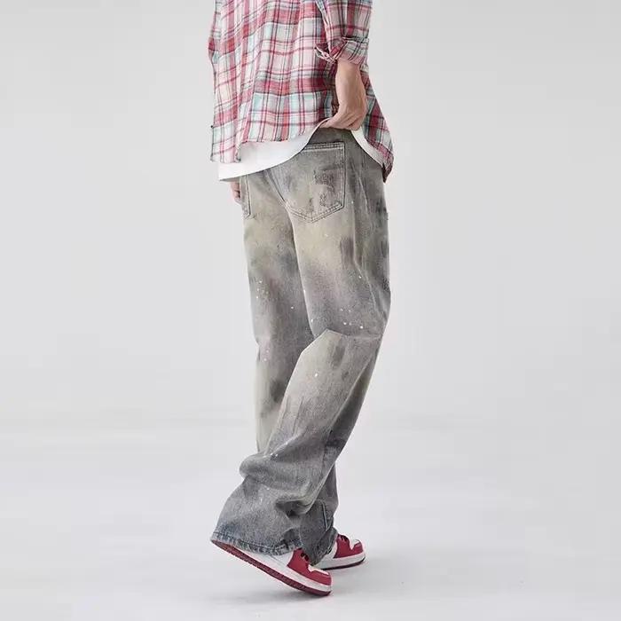 Automne Graffiti imprimé jambe droite Jean pour homme haute rue mode déchiré Baggy Denim pantalon 2025 nouveau Hip Hop