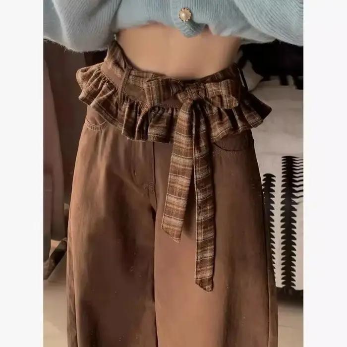 Jeans à carreaux marrons pour femmes style rétro ample et confortable pantalons coupe large polyvalent automne hiver