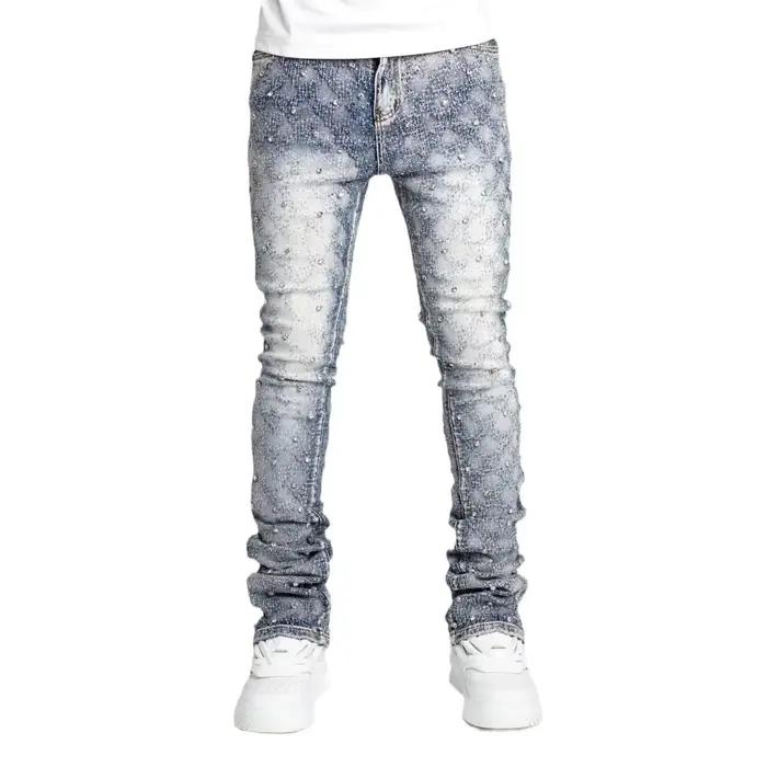 Jean Slim Homme Avec Perles Extensibles Nouvelle Mode Strass Personnalité De Rue Européenne Pantalon En Denim Empilé Taille S À XXL Occasions Spéciales