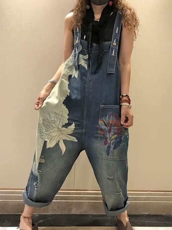 Femmes mode salopette dames été imprimé Denim Pantalons Vintage Jeans décontractés