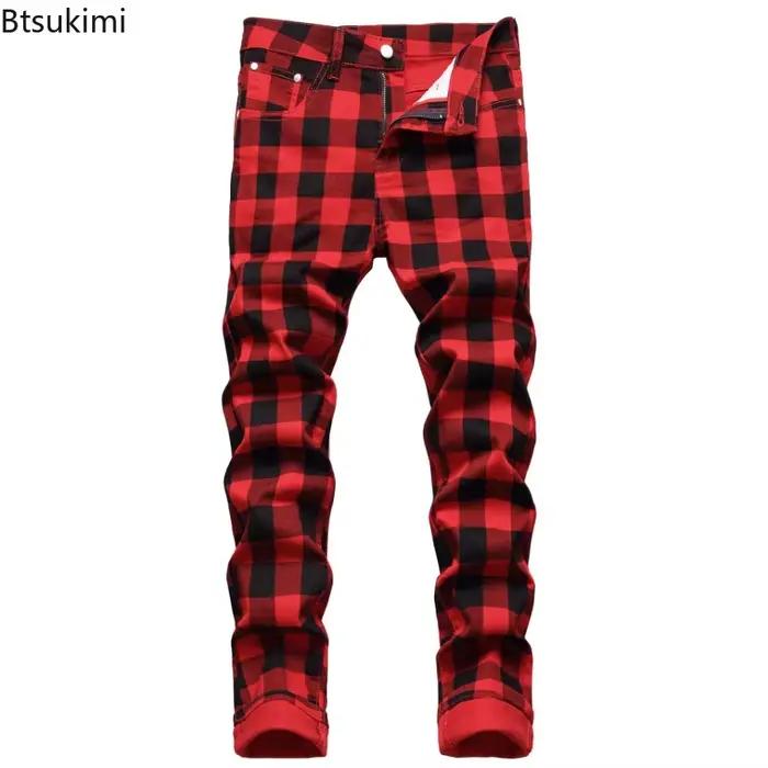 2026 classique Plaid imprimé jean pour hommes mode Stretch coupe ajustée pantalon droit décontracté Style de rue