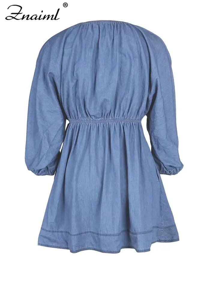 Robe en jean Znaiml bleu clair col en V manches bouffantes volants mini pour femmes style de rue printemps automne sortie décontractée plage vacances