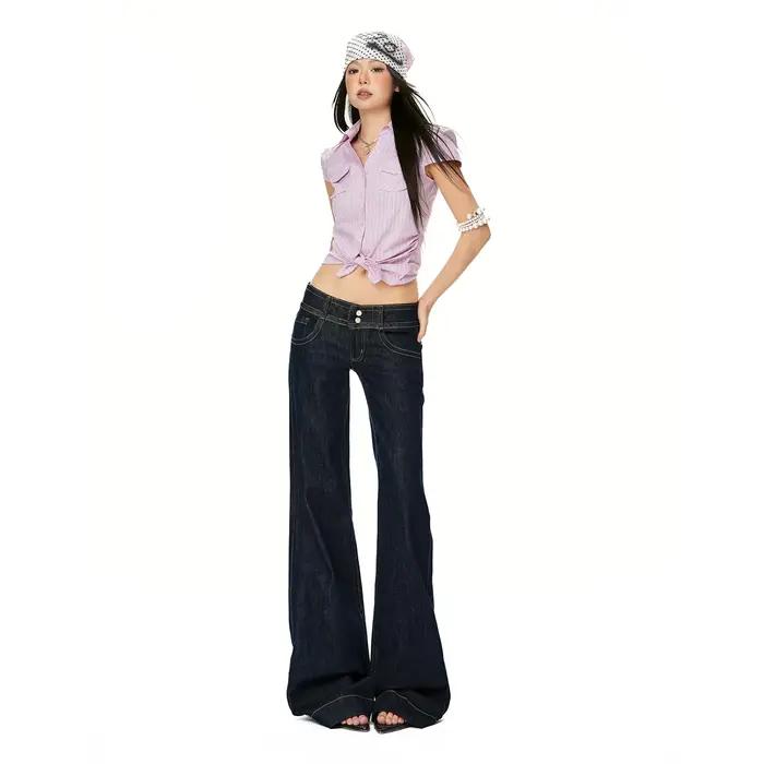 Jeans vintage bleus pour femmes mode hip hop streetwear Y2K coupe ample jambe droite taille basse pantalon denim baggy ocassions spéciales années 2000
