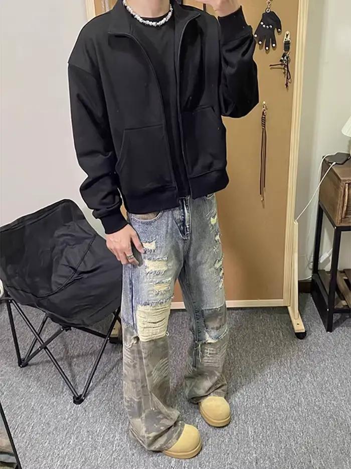 Jeans patchwork camouflage rétro américain pour hommes et femmes