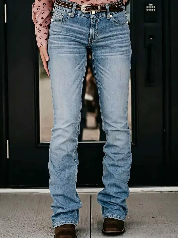 Jean bootcut bleu clair à haute élasticité avec poches brodées au dos
