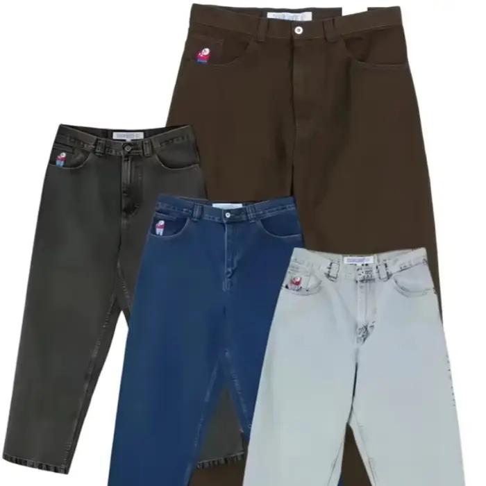 Hip Hop rétro bleu dessin animé broderie jean pour hommes gothique Baggy Streetwear polaire grand garçon