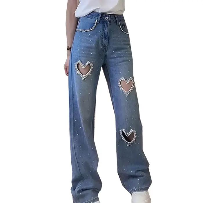 Love Jean Perforé incrusté de diamants et de perles pour femmes style streetwear été printemps occassions spéciales jeans perforés ajustement mince matériaux polyester coton style junior haute qualité