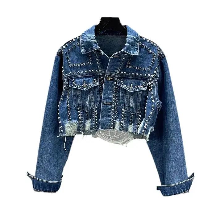 Veste en jean brodée cloutée pour femmes