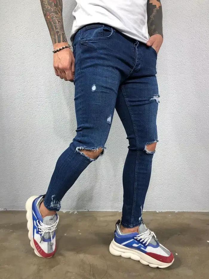 Mode rue Style genou déchiré jean moulant hommes Vintage lavage solide Denim pantalon
