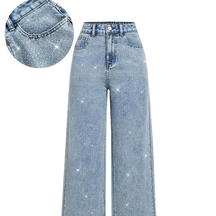 Femmes diamants épissé jean élégant décontracté taille Midi Denim pantalon solide poches bouton