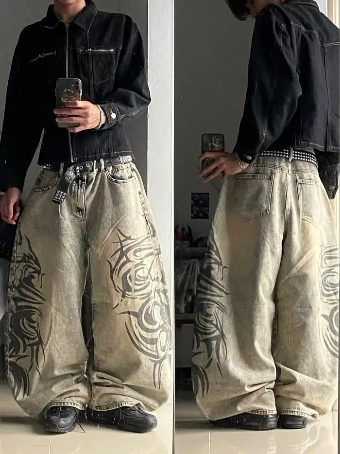 Jean ample gris imprimé style rétro américain Y2K