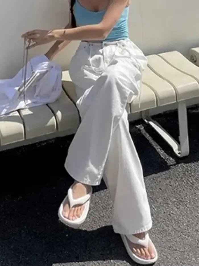 Coréen Ins rétro polyvalent taille haute femmes jambe droite jean été nouvelle mode cordon ample conception