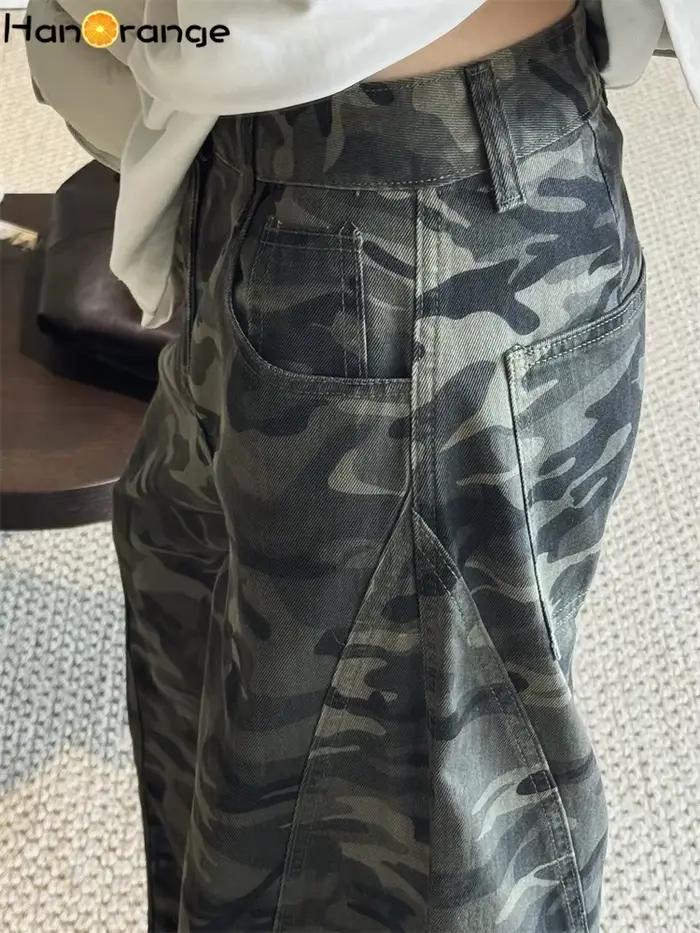 Début du printemps rétro Camouflage grande poche couteau incurvé jean femmes ample jambe large Denim pantalon Cargo