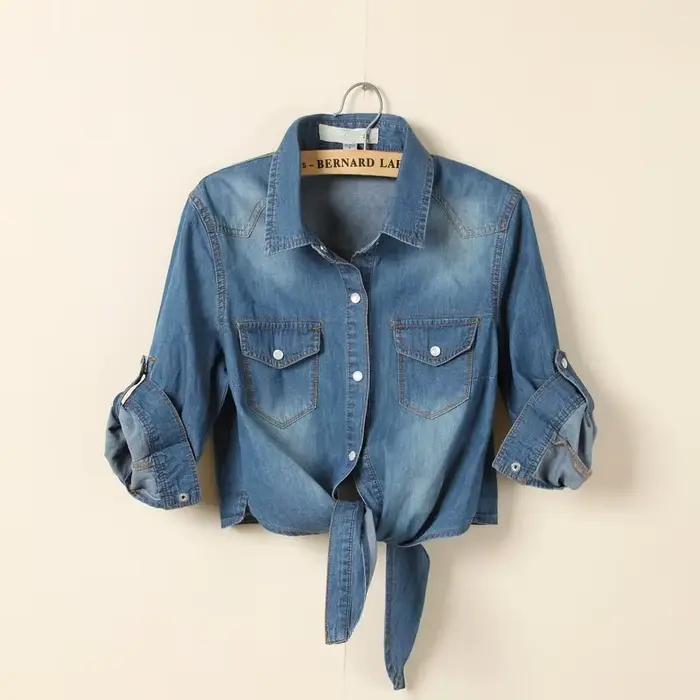Chemise kimono en denim à manches courtes pour femmes