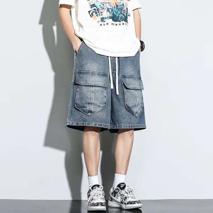 Bermuda hommes Denim Shorts été nouvelle mode jean ample décontracté Vintage cordon Cargo pantalon court mâle Streetwear