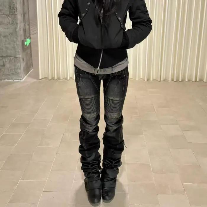 American Street surdimensionné lavé rétro industrie lourde moto jean femmes taille basse coupe ajustée en détresse pli
