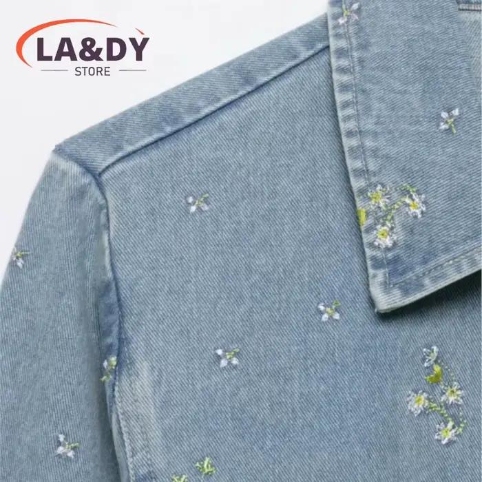 Veste en jean décontractée femme brodée de fleurs col rabattu pour soirées officielles printemps automne