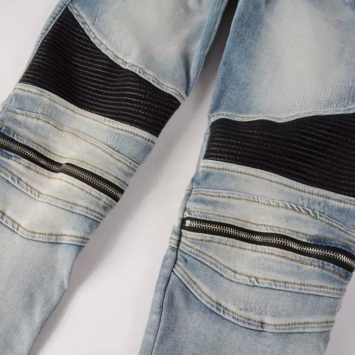 Jean homme en détresse moto couleur bleue avec nervures en cuir Patchwork fermetures éclair maigre déchiré