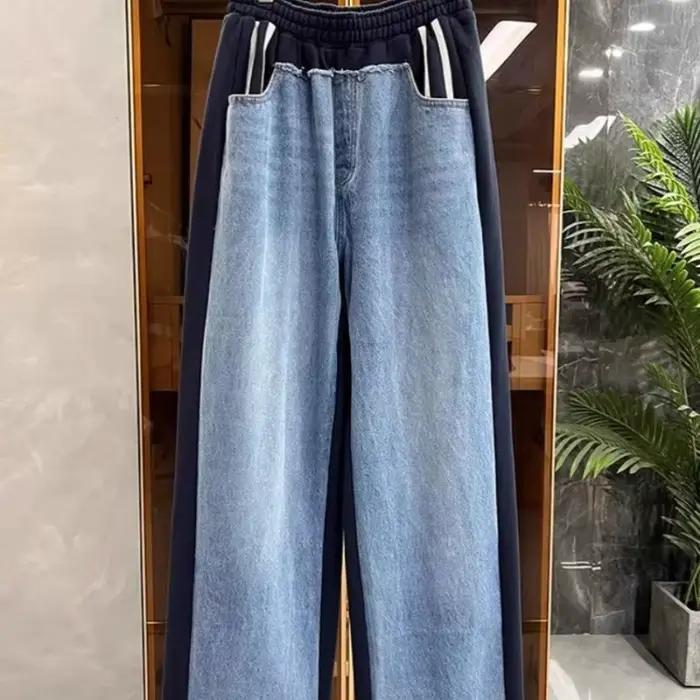 Mode lourd Vintage Denim pantalon femmes tout-match décontracté nouveau jean taille élastique ample droite jambe large
