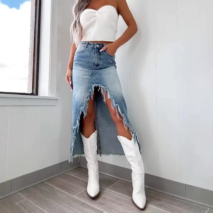 Jupe en jean taille haute à bords bruts irréguliers pour femmes