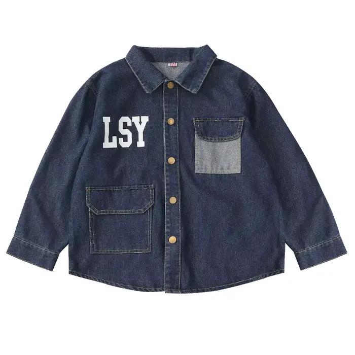 Kids Retro Dark Blue Denim Jacket Coat with Letters For Teens Boy Harajuku Streetwear Clothing Children Casual Jeans Outfit