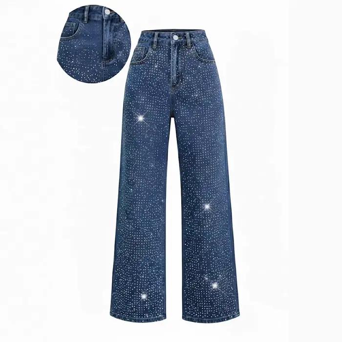 Femmes diamants épissé jean élégant décontracté taille Midi Denim pantalon solide poches bouton