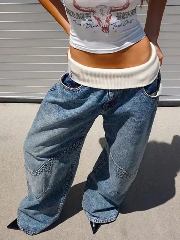 Style coréen rétro lavé bleu élastique jean femmes Y2K Explosions populaire Harajuku hip-hop gothique décontracté Joker Street Wear