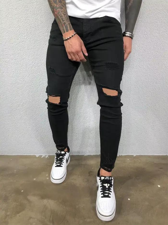 Mode rue Style genou déchiré jean moulant hommes Vintage lavage solide Denim pantalon