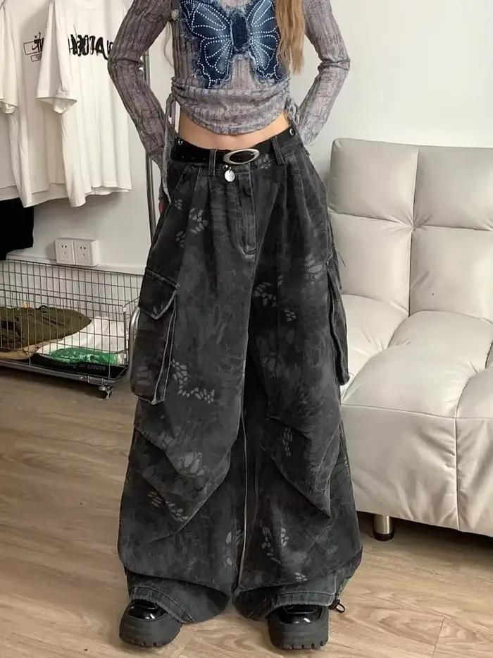 Goth Dark Academia Jeans Femmes Grunge Japonais Abi Y2K Denim Pantalon Cargo Années 2000 Goblin Core Harajuku Cyber
