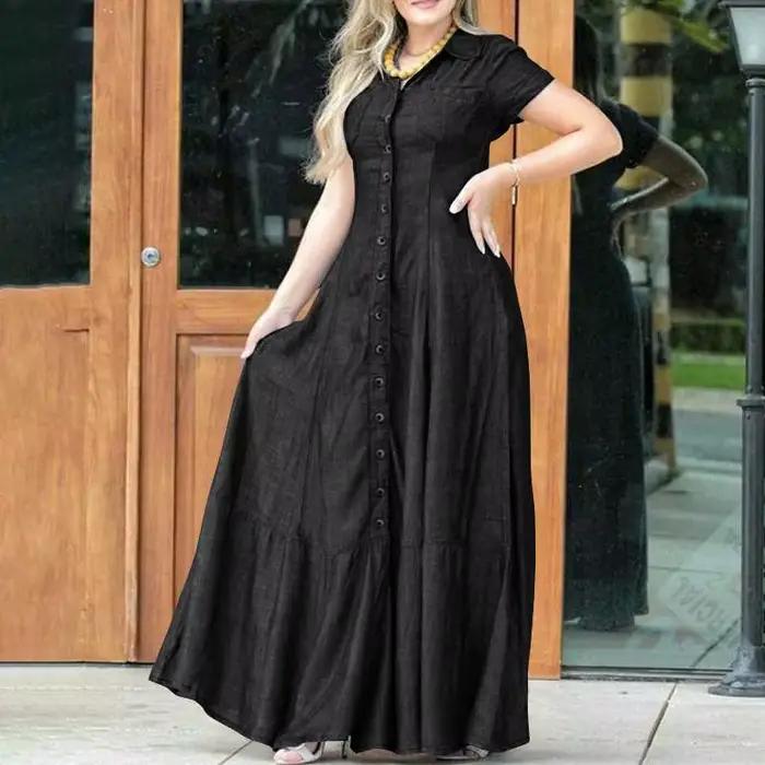 Robe trapèze en denim taille haute pour femme avec ourlet à volants