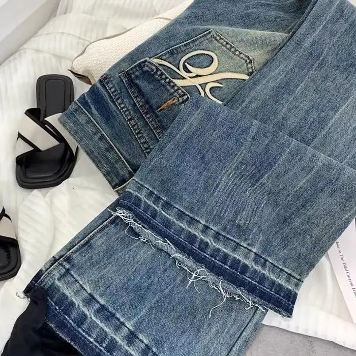 Jean évasé taille basse en denim de coton pour femmes style rétro américain toute la saison à offrir pour des occasions spéciales