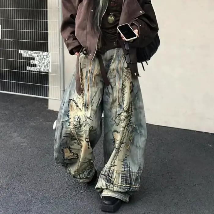 Pantalon en Denim brodé de Style American Street Destruction