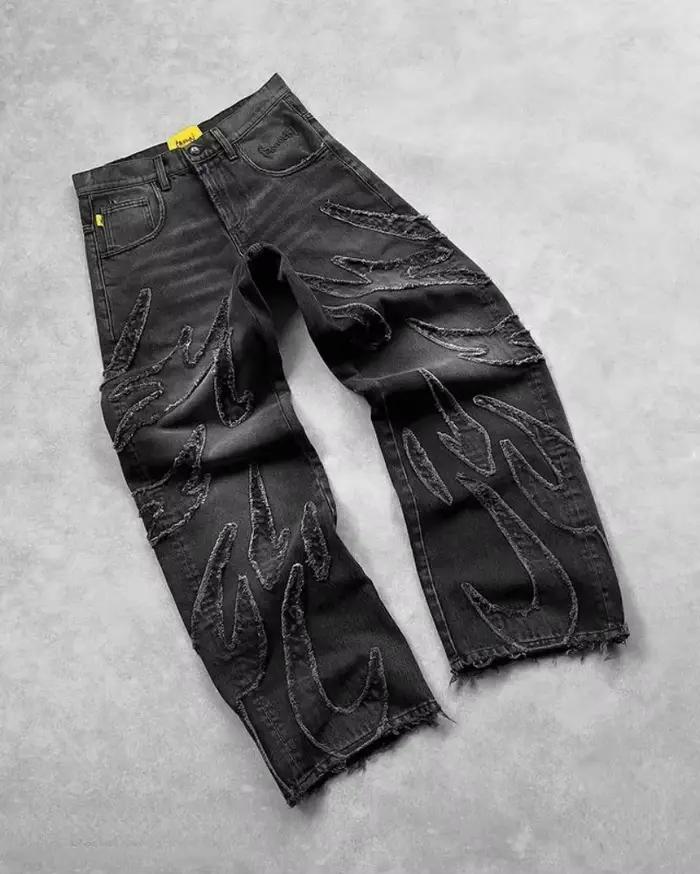 Jeans MLSJSHIQI Y2K Harajuku Retro Graphique Patch Noir Baggy Jean Jambe Large Hommes Femmes Occasions Décontractées
