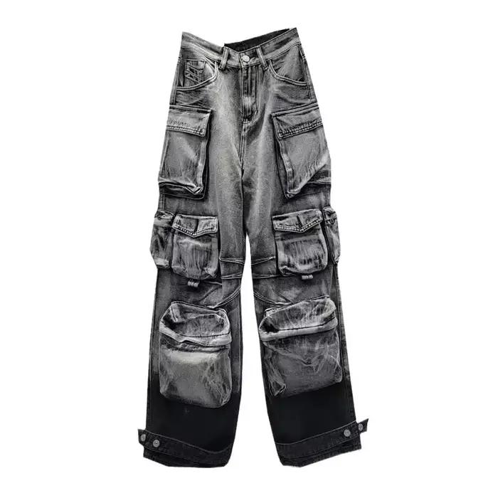Jean femme Denim en détresse Multi poche Y2k Streetwear Cargo pantalon décontracté taille haute fermeture éclair mouche