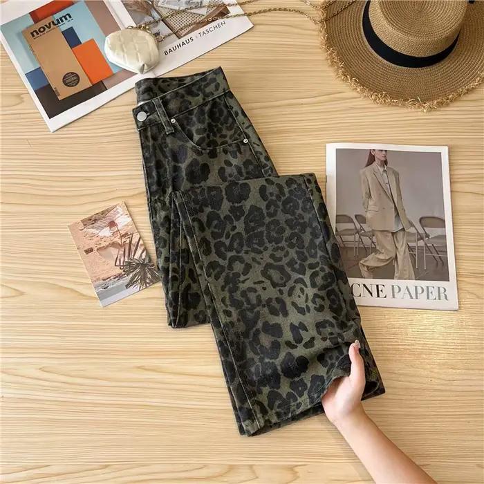 Jeans décontractés amples pour femmes, style rétro américain, imprimé léopard, pantalon à jambe droite, vêtements de travail, mode hiver, pantalon pour femmes, confortable et durable