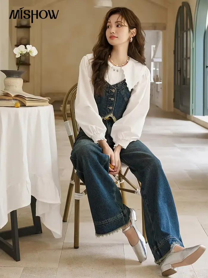 MISHOW américain rétro jambe large jean printemps taille haute mince coton élastique Denim pantalon droit ourlet glands