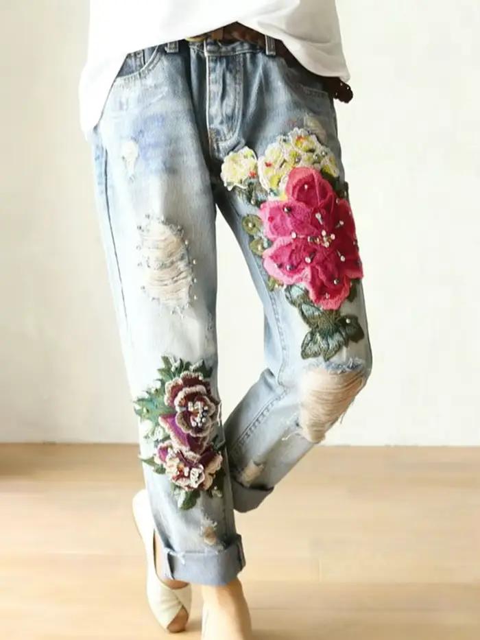 Jean ample brodé floral élégant pour femme