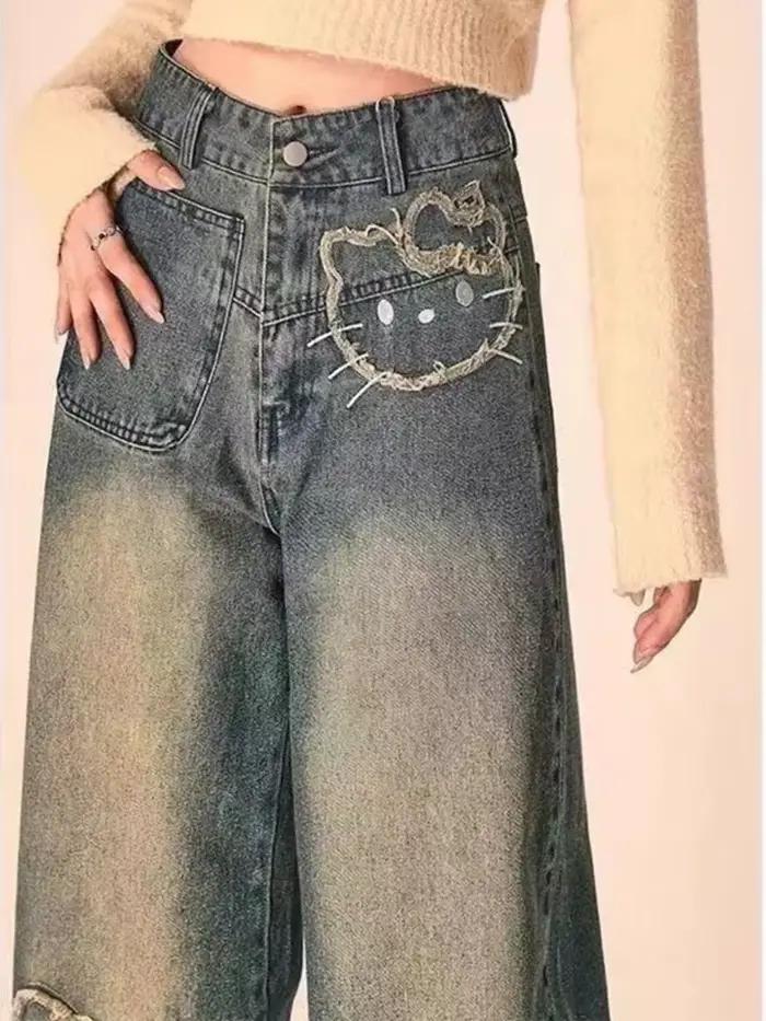 High Street rétro brodé femmes jean mince mode jambe droite pantalon femme été nouveau décontracté ample