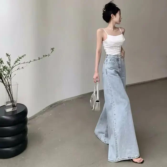 Xpqbb femmes jambes larges jean coréen taille haute ample Streetwear Denim pantalon dames décontracté Simple