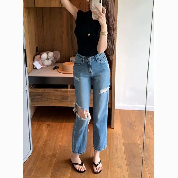 Nouveau jean droit déchiré taille haute coupe slim pour femme