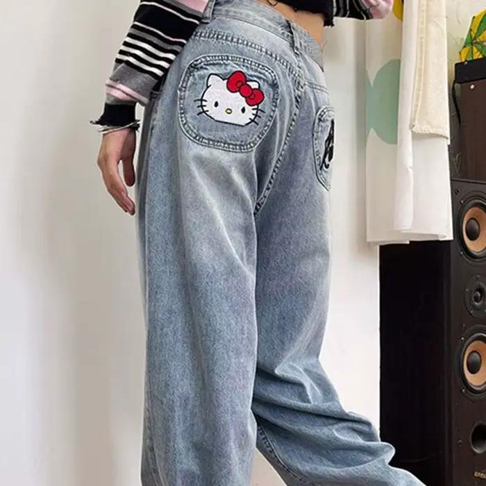 Jean Harajuku Sanrios Y2K Hello Kittys tendance Anime Kawai Kt pantalon à jambes larges ample pour femmes