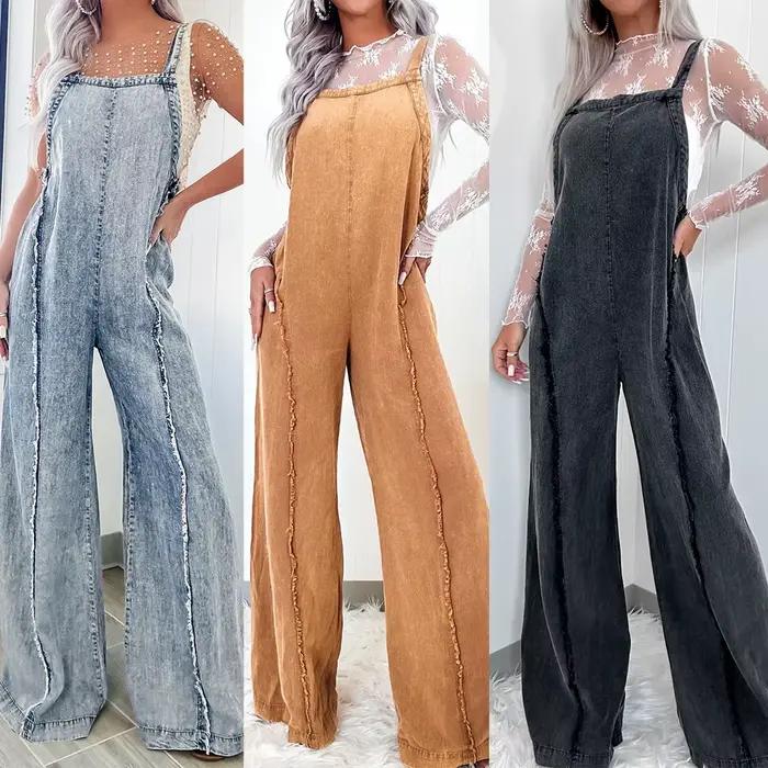 Femmes Denim barboteuses et combinaisons dames Vintage jambe large jean longues