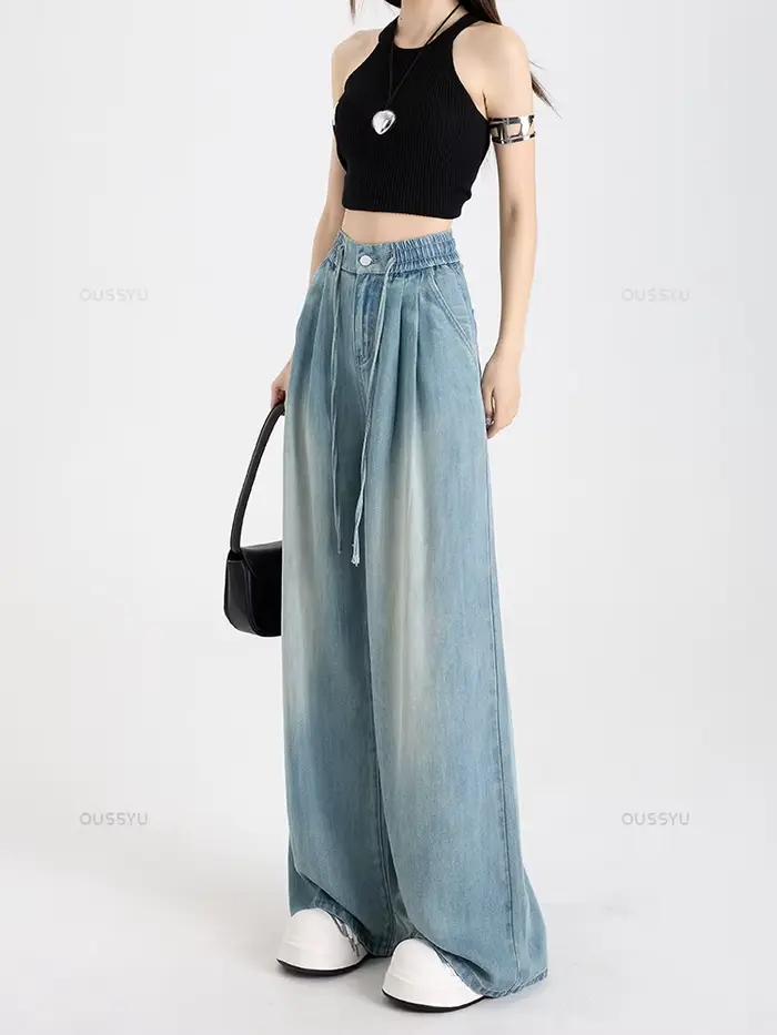 Été luxe doux confortable 100% Lyocell tissu femme jean ample jambe large taille élastique pantalon mode