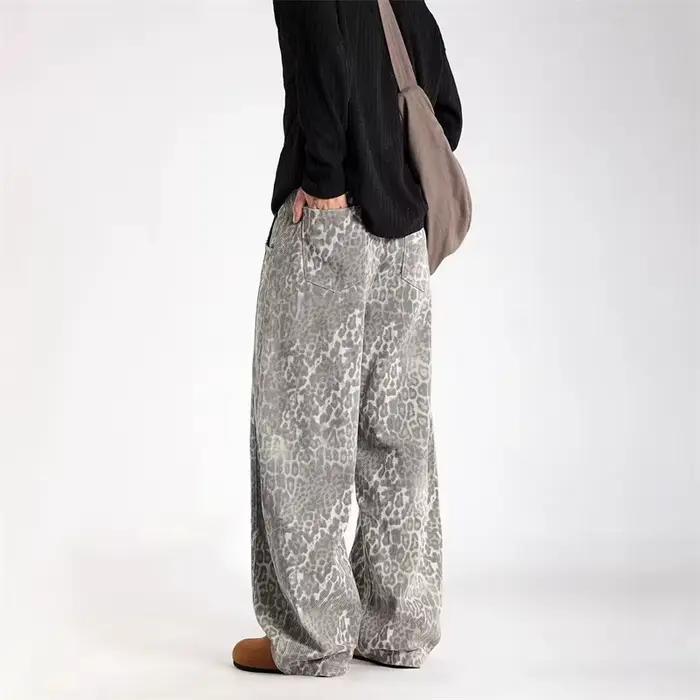 Nouveau Jean Y2K Vintage Effet Vieilli Imprimé Léopard 2026 pour Homme – Pantalon en Denim Ample et Courbé Style Hip Hop Punk Tendance