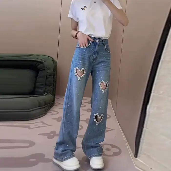 Love Jean Perforé incrusté de diamants et de perles pour femmes style streetwear été printemps occassions spéciales jeans perforés ajustement mince matériaux polyester coton style junior haute qualité
