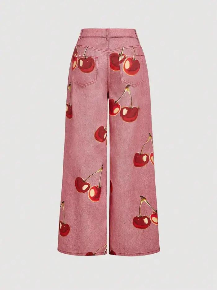 Jean imprimé cerises large taille haute coupe ample pour femmes toutes saisons